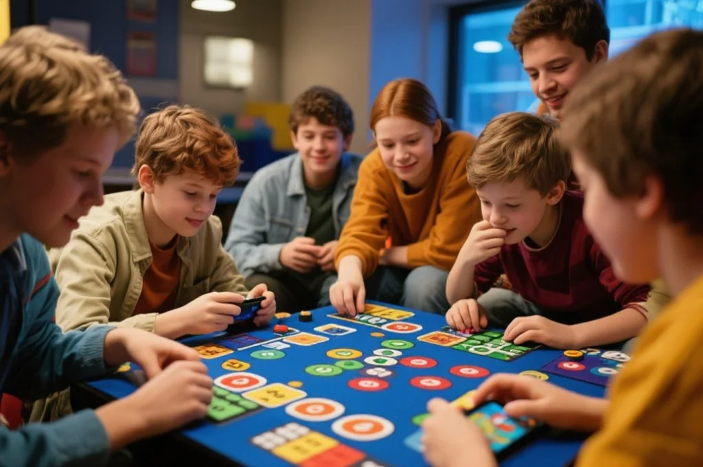 一群不同年龄的玩家在休闲环境中专注体验各类数字趣味游戏，氛围轻松愉快，突出互动与多样性